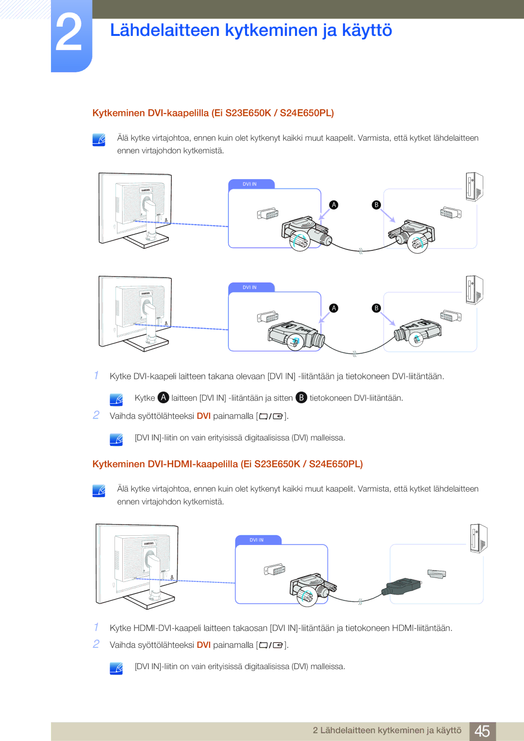 Samsung LS24E65UPLC/XE, LS23E65UDC/EN, LS24E65UPL/EN, LS22E45UDWG/EN manual Kytkeminen DVI-kaapelilla Ei S23E650K / S24E650PL 