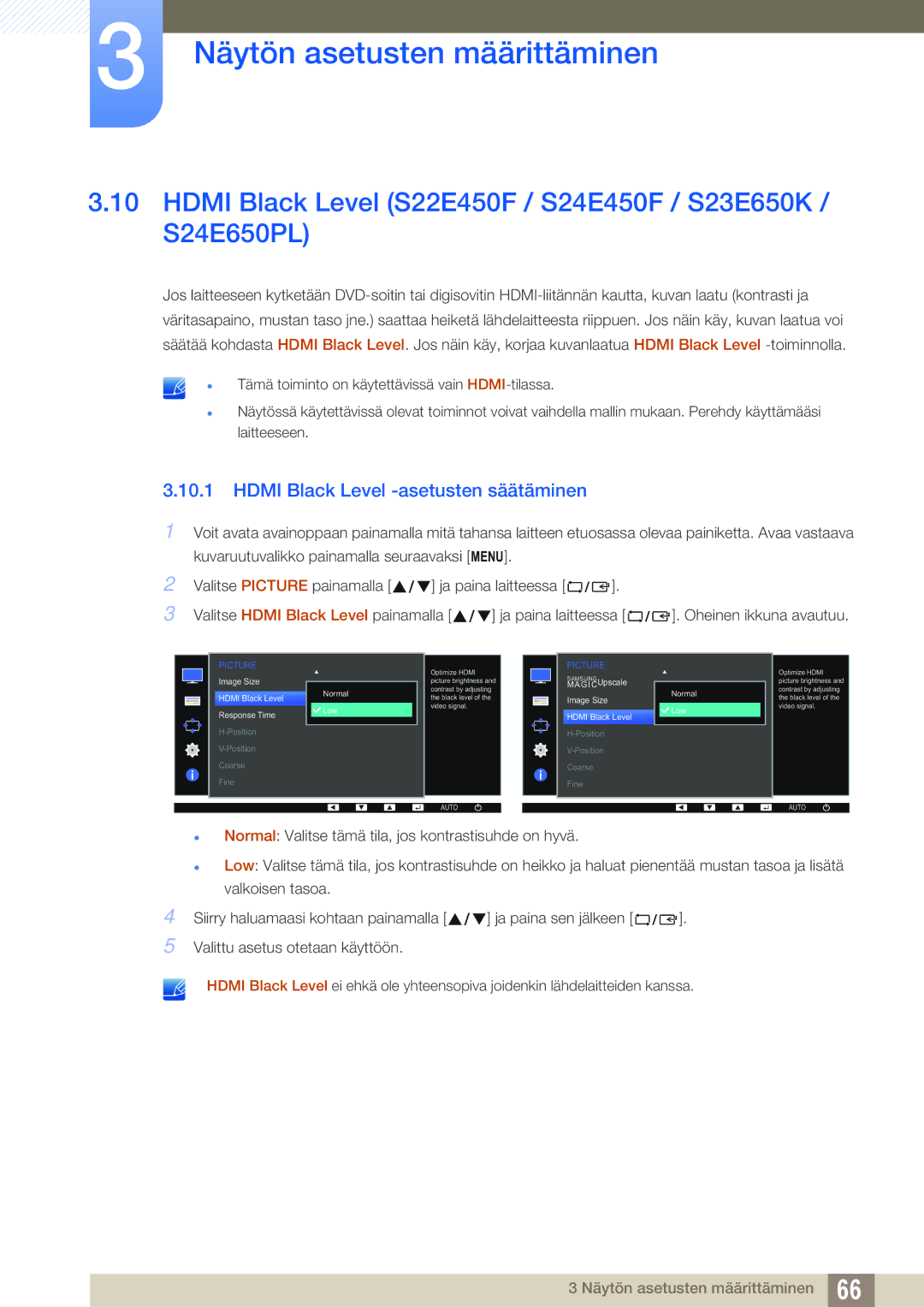 Samsung LS24E65UXWC/XE Hdmi Black Level S22E450F / S24E450F / S23E650K / S24E650PL, Hdmi Black Level -asetusten säätäminen 