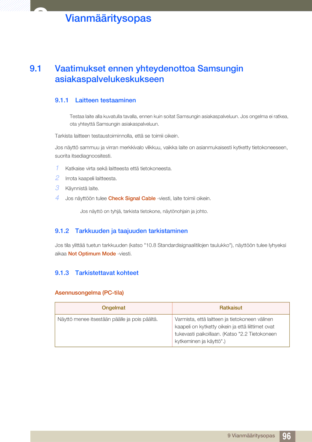 Samsung LS24E45UFS/EN, LS23E65UDC/EN manual Vianmääritysopas, Laitteen testaaminen, Tarkkuuden ja taajuuden tarkistaminen 