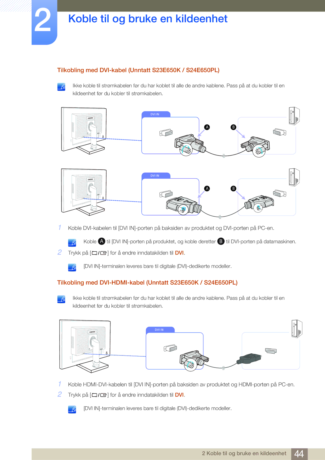 Samsung LS24E45UDLC/XE, LS23E65UDC/EN, LS24E65UPL/EN, LS22E45UDWG/EN Tilkobling med DVI-kabel Unntatt S23E650K / S24E650PL 