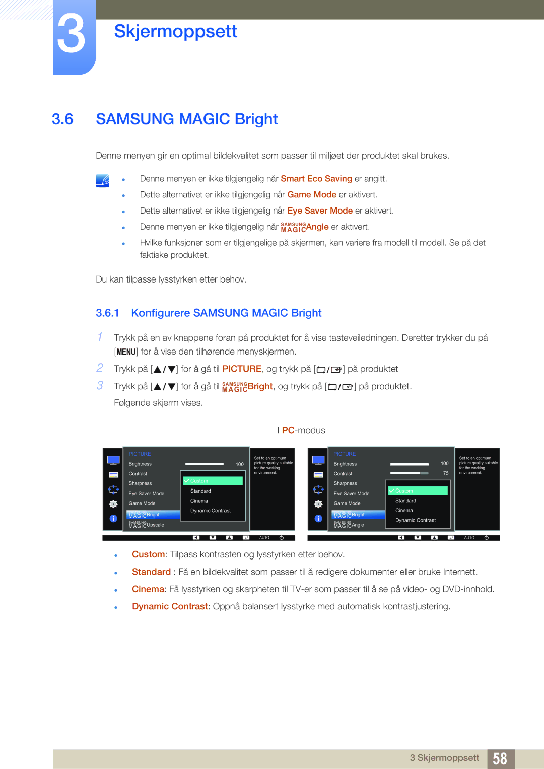 Samsung LS27E45KBH/EN, LS23E65UDC/EN, LS24E65UPL/EN, LS22E45UDWG/EN, LS24E65UXWG/EN manual Konfigurere Samsung Magic Bright 