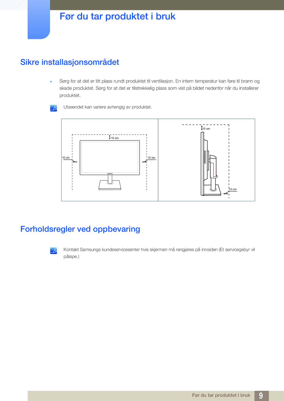 Samsung LS24E65UPLC/EN, LS23E65UDC/EN, LS24E65UPL/EN manual Sikre installasjonsområdet, Forholdsregler ved oppbevaring 