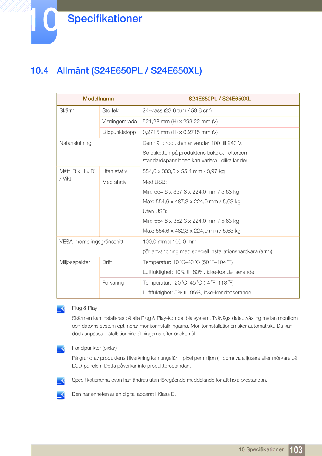 Samsung LS23E65UDS/EN, LS23E65UDC/EN, LS24E65UPL/EN manual Allmänt S24E650PL / S24E650XL, Modellnamn S24E650PL / S24E650XL 