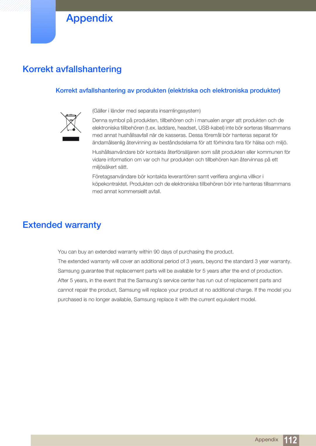 Samsung LS24E65UXWC/XE manual Korrekt avfallshantering, Extended warranty, Gäller i länder med separata insamlingssystem 