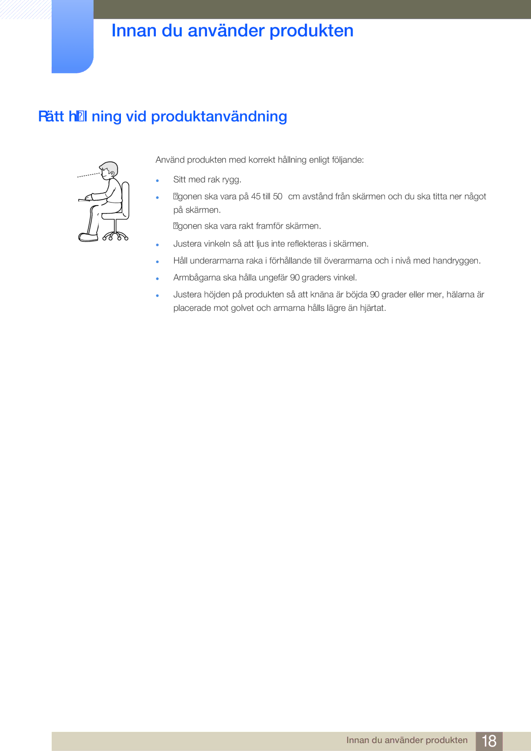 Samsung LS22E45UDWC/XE, LS23E65UDC/EN, LS24E65UPL/EN, LS22E45UDWG/EN, LS24E65UXWG/EN manual Rätt hållning vid produktanvändning 