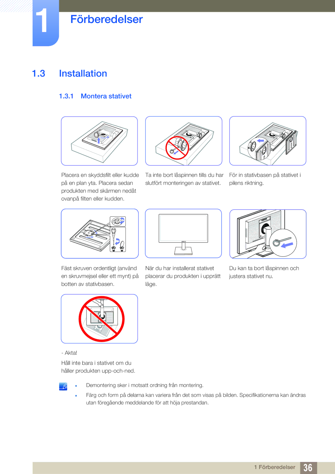 Samsung LS24E65KBWV/EN, LS23E65UDC/EN, LS24E65UPL/EN, LS22E45UDWG/EN, LS24E65UXWG/EN manual Installation, Montera stativet 