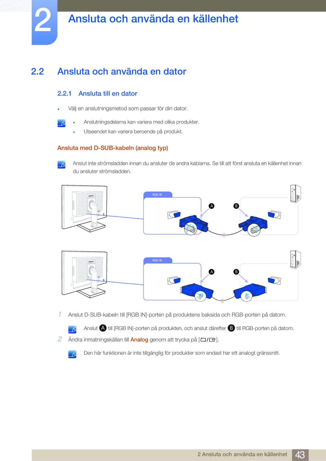 Samsung LS24E65UXWC/XE manual Ansluta och använda en dator, Ansluta till en dator, Ansluta med D-SUB-kabeln analog typ 