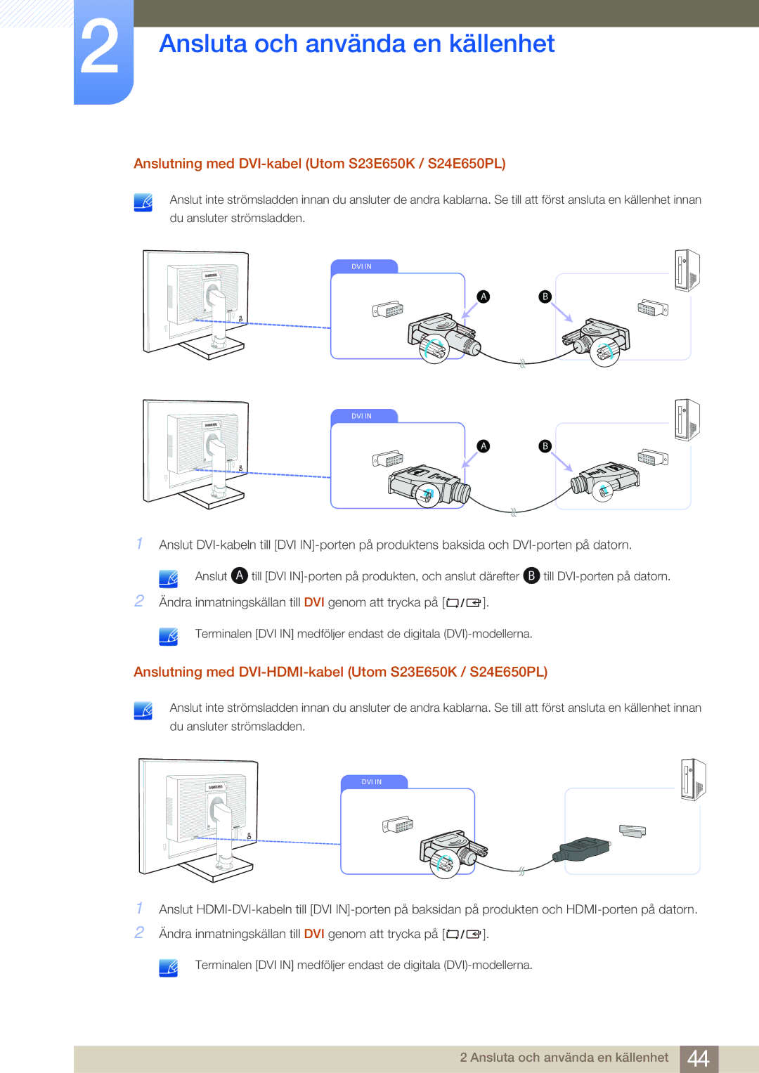 Samsung LS24E45UDLC/XE, LS23E65UDC/EN, LS24E65UPL/EN, LS22E45UDWG/EN manual Anslutning med DVI-kabel Utom S23E650K / S24E650PL 