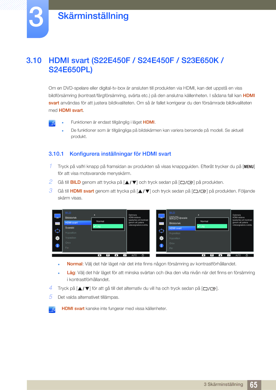 Samsung LS22E45UDWK/EN Hdmi svart S22E450F / S24E450F / S23E650K / S24E650PL, Konfigurera inställningar för Hdmi svart 