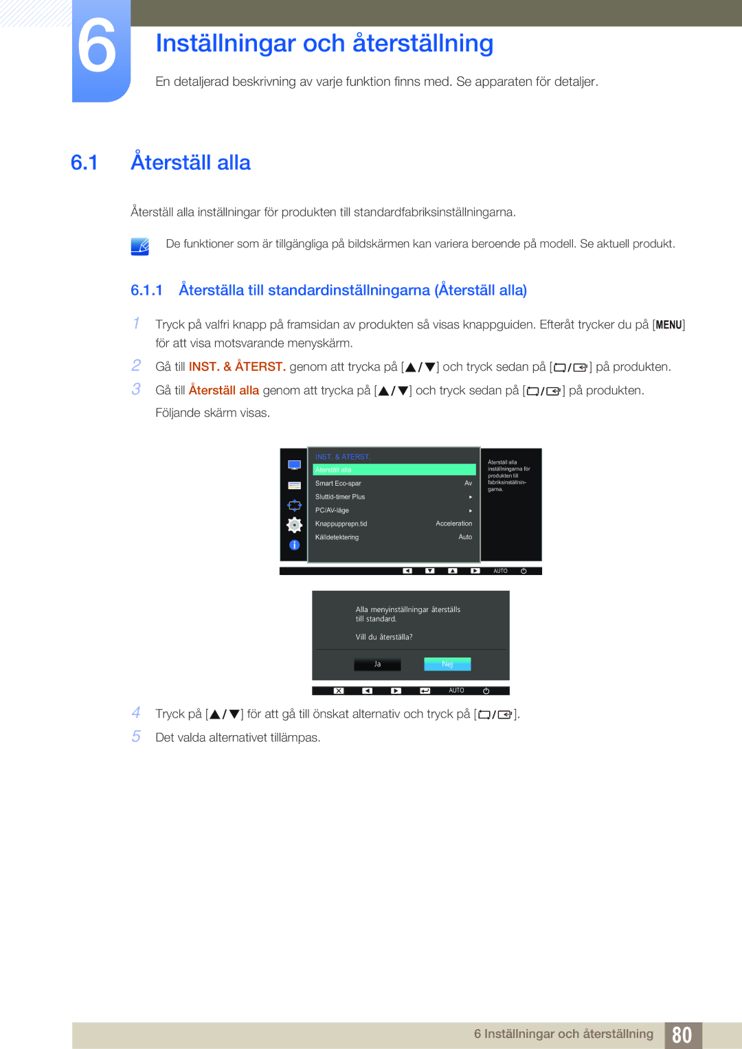 Samsung LS23E65UDS/EN, LS23E65UDC/EN, LS24E65UPL/EN, LS22E45UDWG/EN manual Inställningar och återställning, Återställ alla 