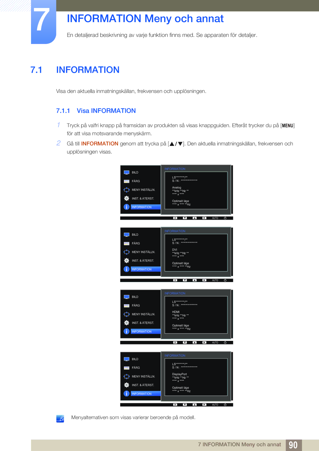 Samsung LS24E45UDLC/XE, LS23E65UDC/EN, LS24E65UPL/EN manual Information Meny och annat, Visa Information, Upplösningen visas 