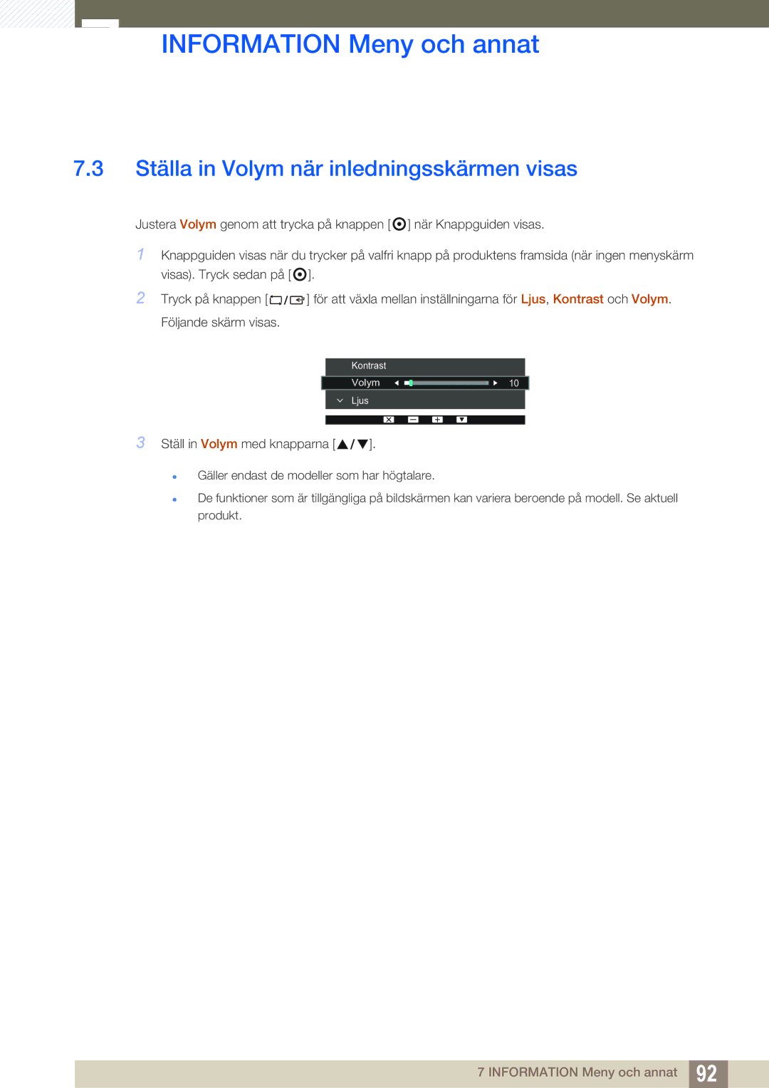 Samsung LS23E65UDC/EN, LS24E65UPL/EN, LS22E45UDWG/EN, LS24E65UXWG/EN manual Ställa in Volym när inledningsskärmen visas 