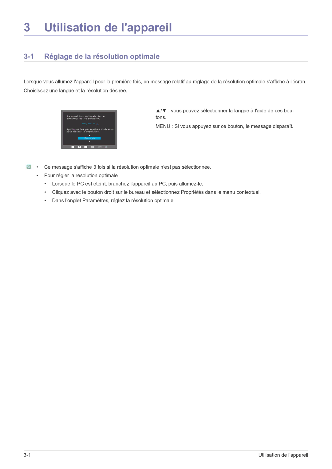 Samsung LS23EFPKFV/EN, LS23EFPKFK/ZA manual Utilisation de lappareil, Réglage de la résolution optimale 