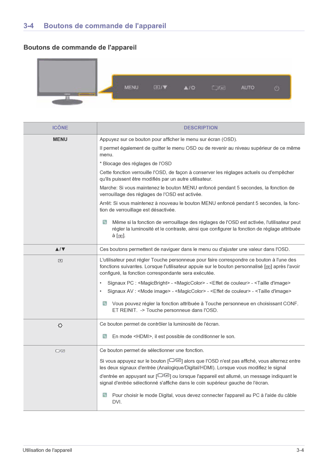 Samsung LS23EFPKFK/ZA, LS23EFPKFV/EN manual Boutons de commande de lappareil, Icône Description 