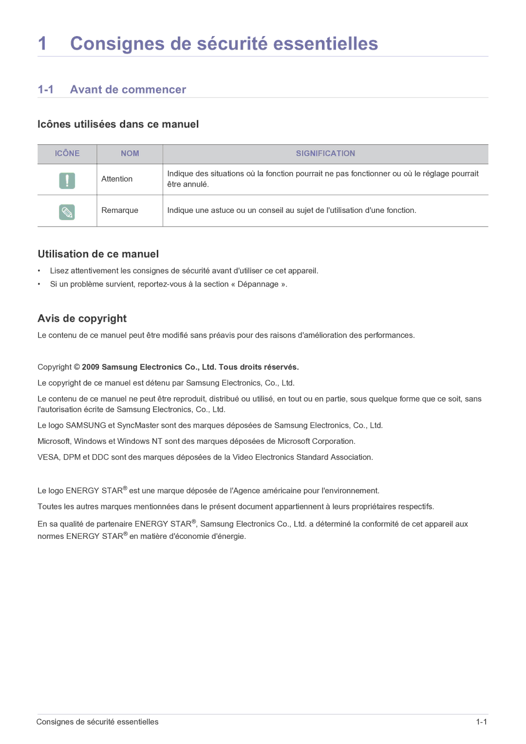 Samsung LS23EFPKFK/ZA manual Consignes de sécurité essentielles, Avant de commencer, Icônes utilisées dans ce manuel 