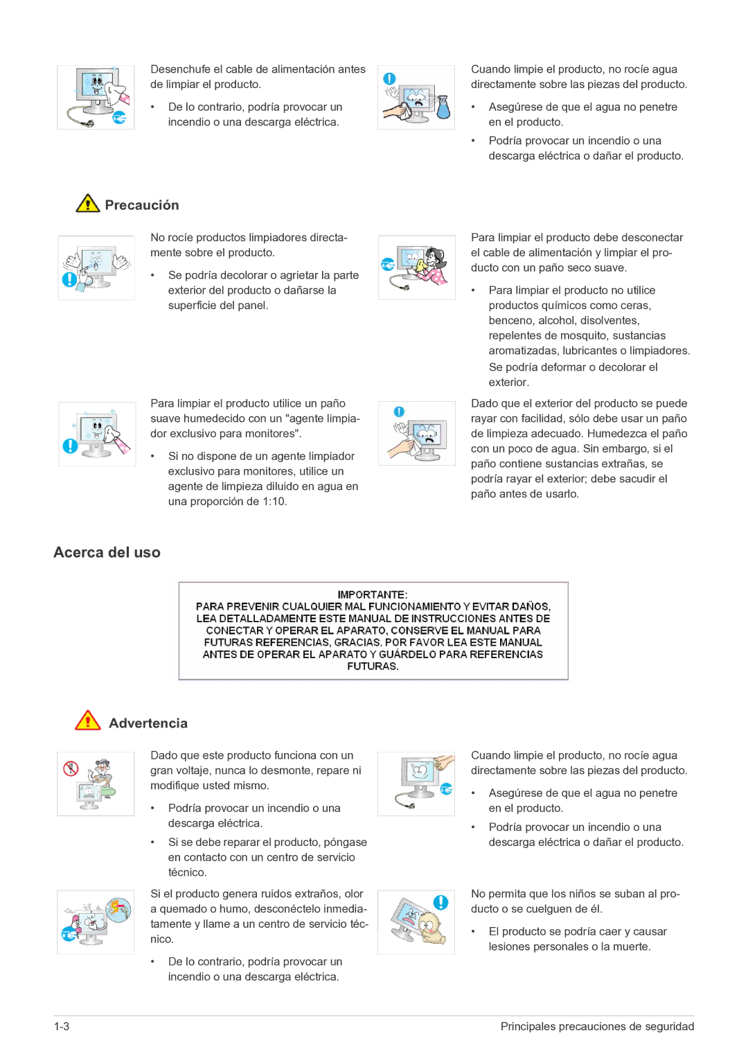 Samsung LS23EFPKFV/EN, LS23EFPKFK/ZA manual Acerca del uso, Asegúrese de que el agua no penetre en el producto 