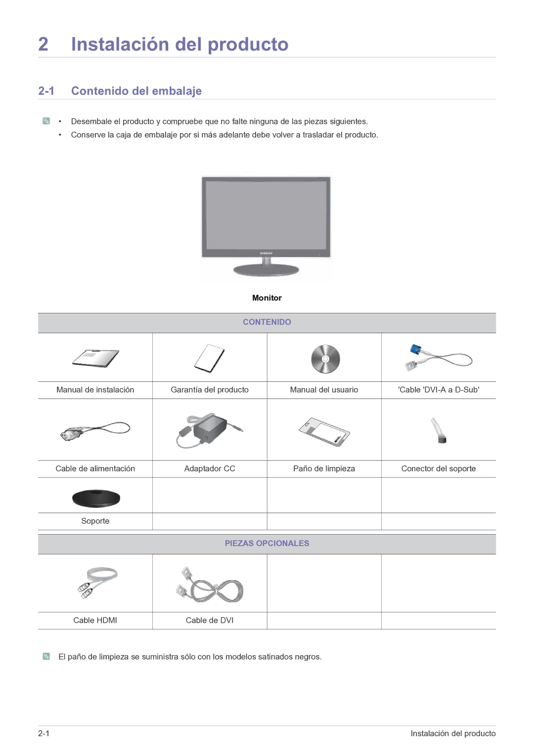 Samsung LS23EFPKFV/EN, LS23EFPKFK/ZA manual Instalación del producto, Contenido del embalaje, Piezas Opcionales 