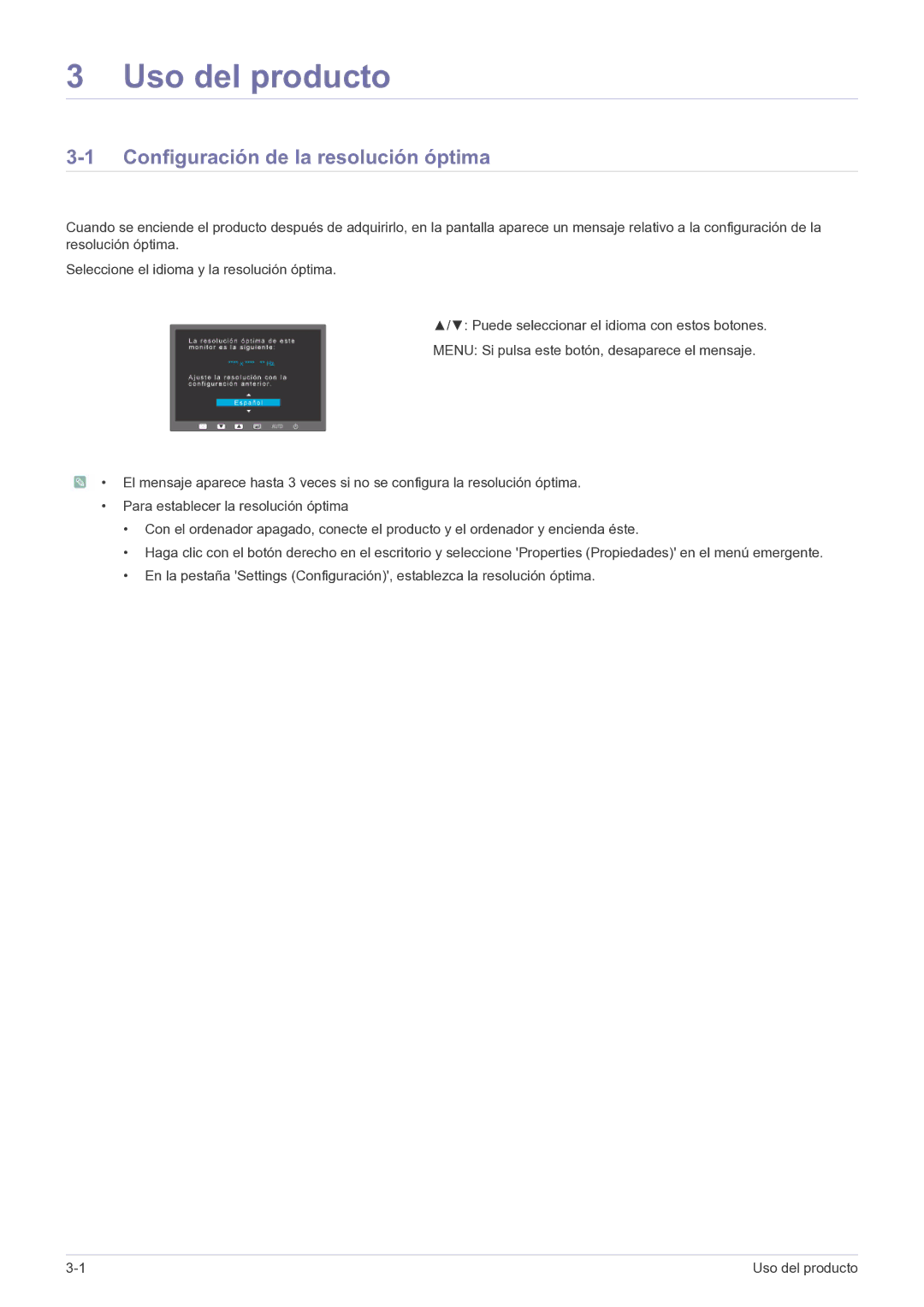 Samsung LS23EFPKFV/EN, LS23EFPKFK/ZA manual Uso del producto, Configuración de la resolución óptima 