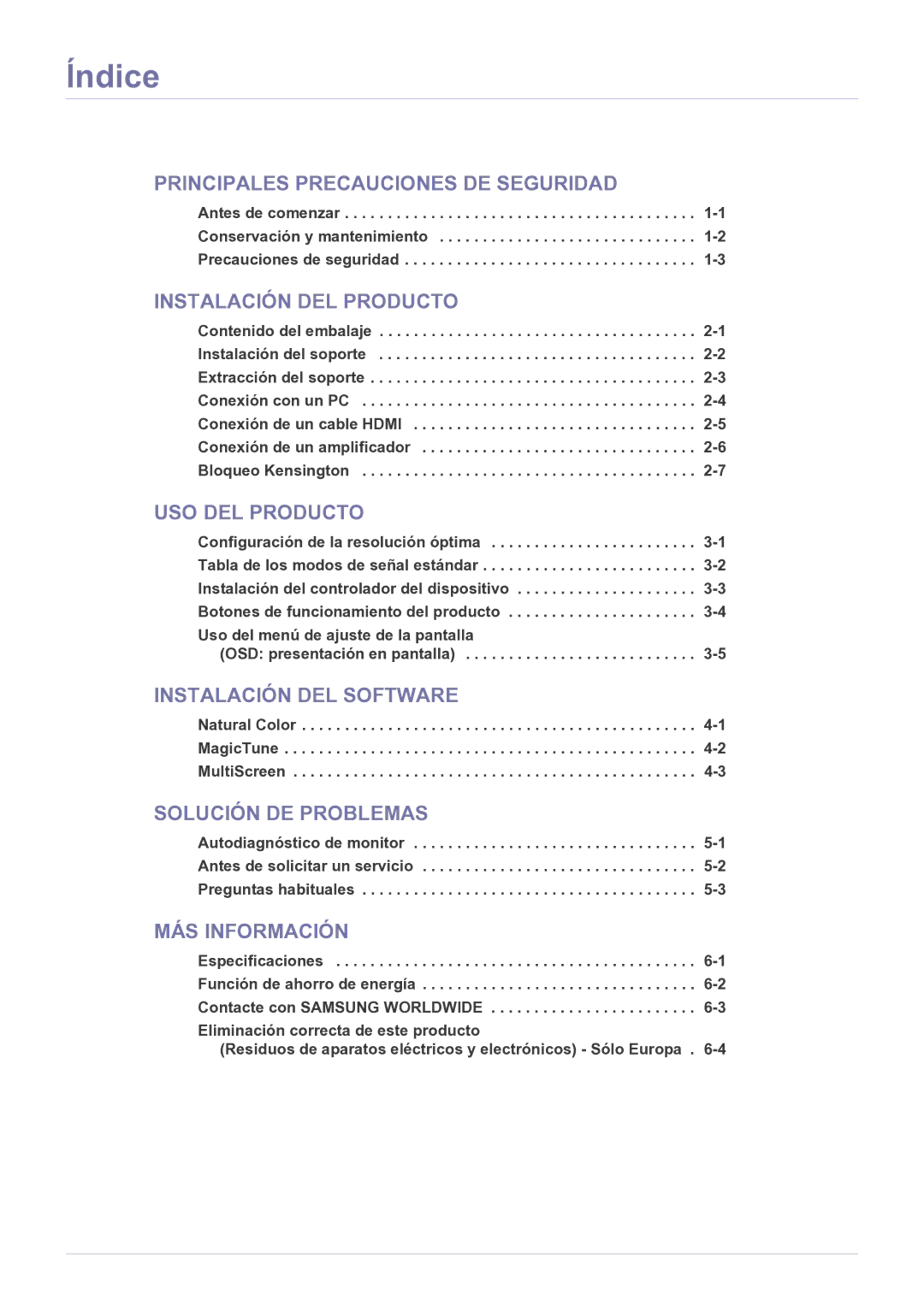 Samsung LS23EFPKFK/ZA, LS23EFPKFV/EN manual Índice, Instalación DEL Producto 