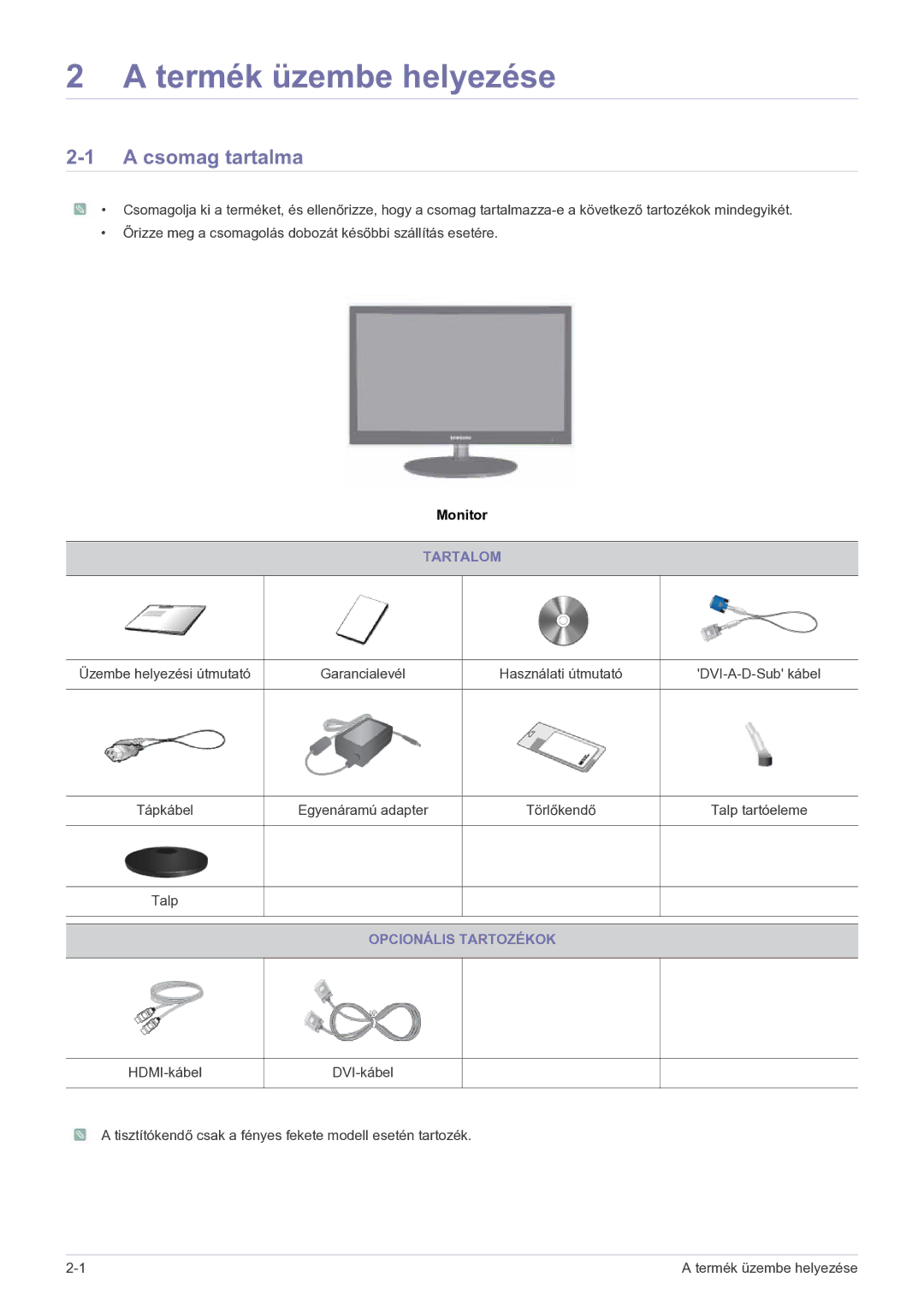 Samsung LS23EFPKFV/EN, LS23EFPKFK/ZA manual Termék üzembe helyezése, Csomag tartalma, Tartalom, Opcionális Tartozékok 