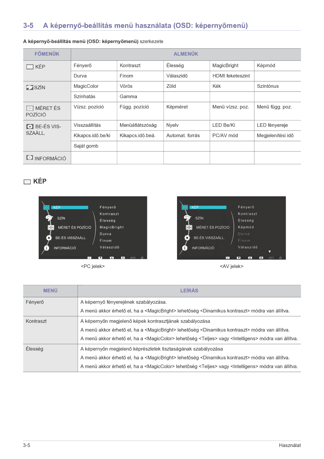 Samsung LS23EFPKFV/EN, LS23EFPKFK/ZA A képernyő-beállítás menü használata OSD képernyőmenü, Főmenük Almenük, Menü Leírás 