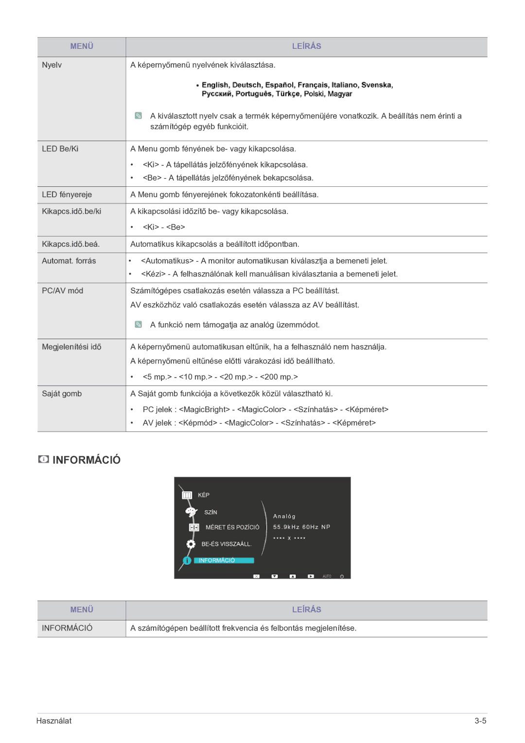 Samsung LS23EFPKFK/ZA, LS23EFPKFV/EN manual Információ, Nyelv Képernyőmenü nyelvének kiválasztása 