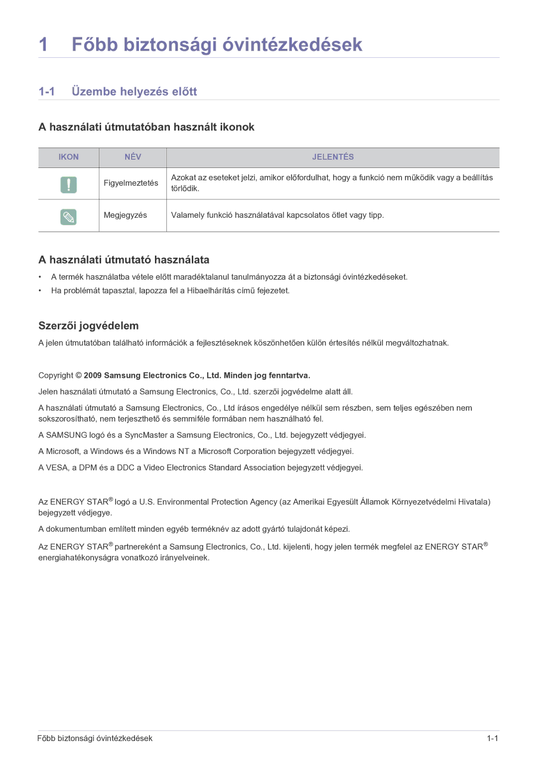 Samsung LS23EFPKFK/ZA manual Főbb biztonsági óvintézkedések, Üzembe helyezés előtt, Használati útmutatóban használt ikonok 