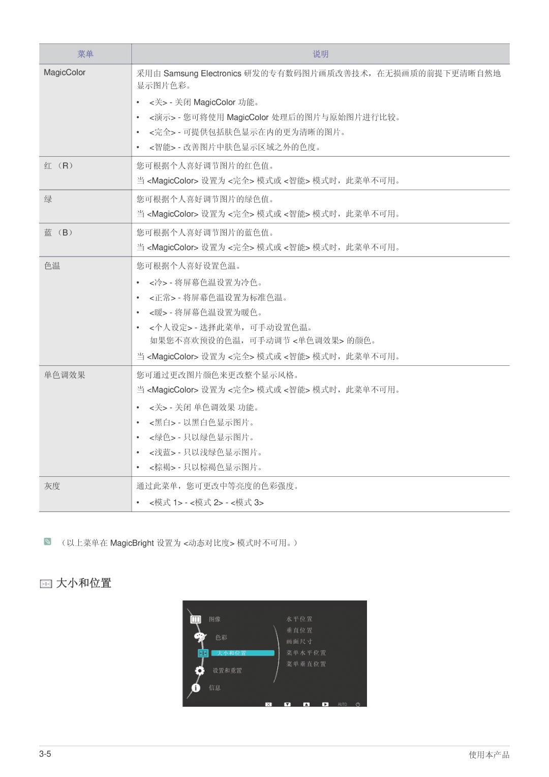 Samsung LS23EFPKFV/EN, LS23EFPKFK/ZA manual 大小和位置 