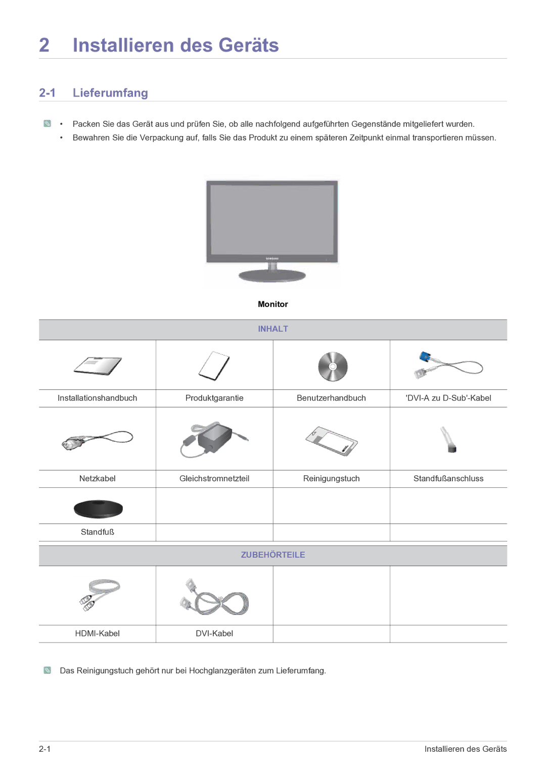 Samsung LS23EFPKFV/EN manual Installieren des Geräts, Lieferumfang, Inhalt, Zubehörteile 