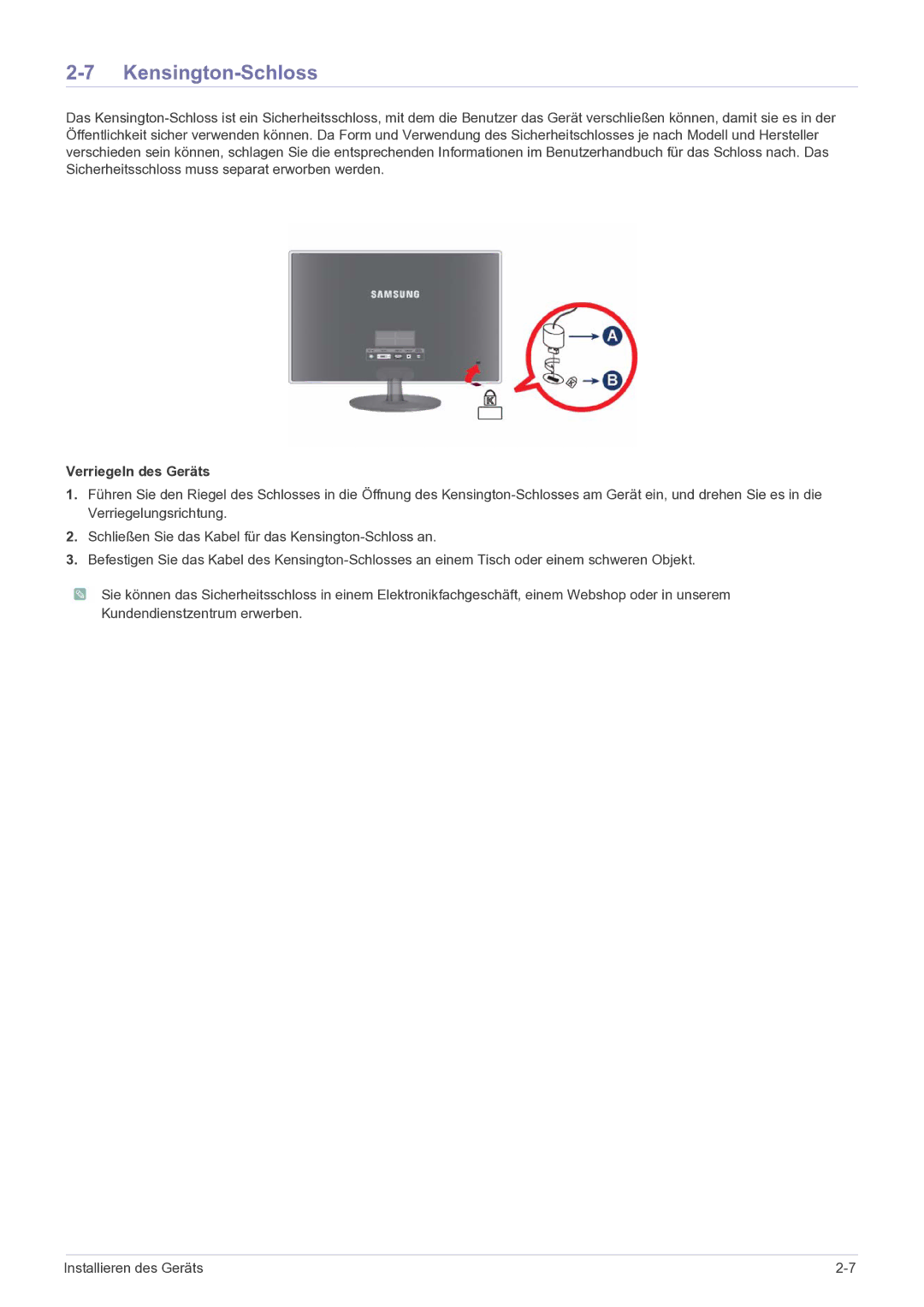 Samsung LS23EFPKFV/EN manual Kensington-Schloss, Verriegeln des Geräts 