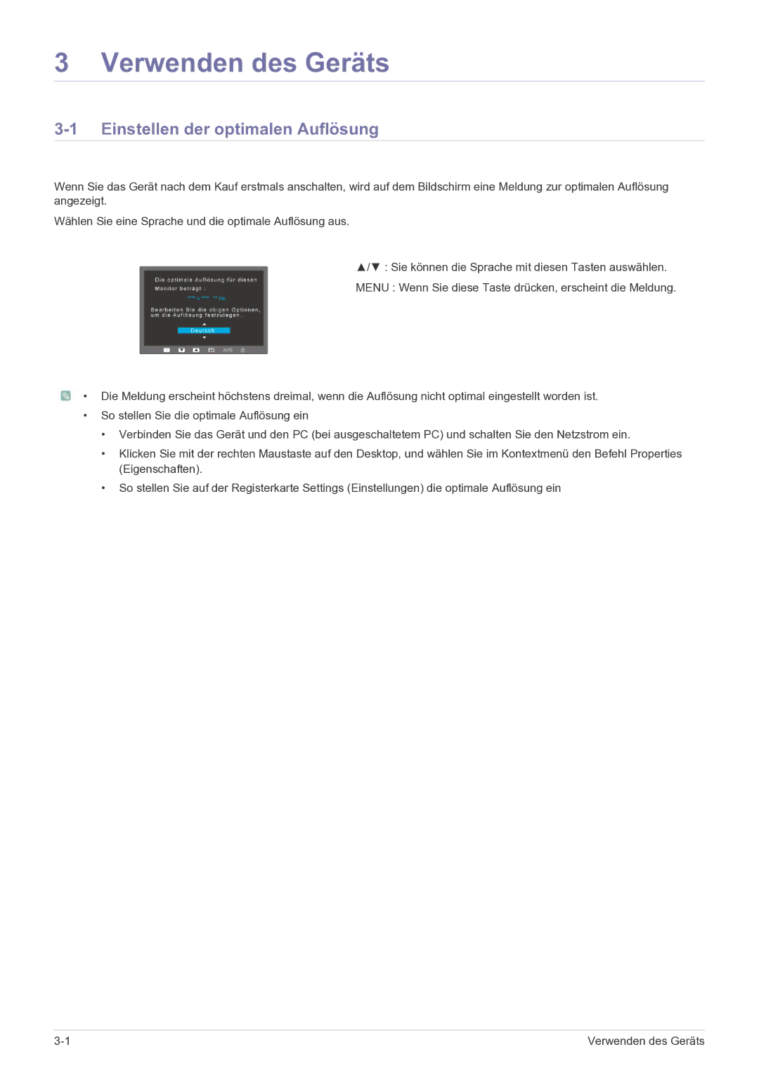 Samsung LS23EFPKFV/EN manual Verwenden des Geräts, Einstellen der optimalen Auflösung 