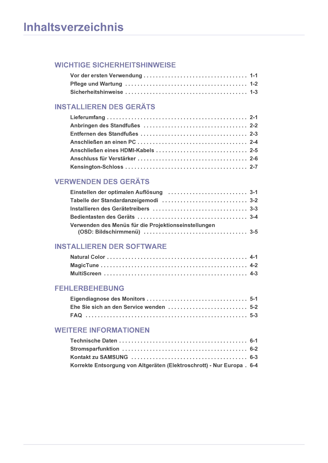 Samsung LS23EFPKFV/EN manual Inhaltsverzeichnis, OSD Bildschirmmenü 