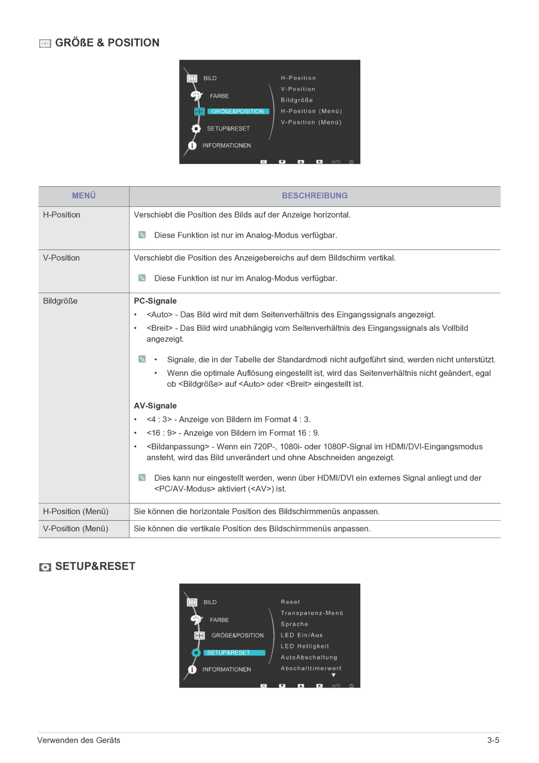 Samsung LS23EFPKFV/EN manual GRÖßE & Position, PC-Signale, AV-Signale 