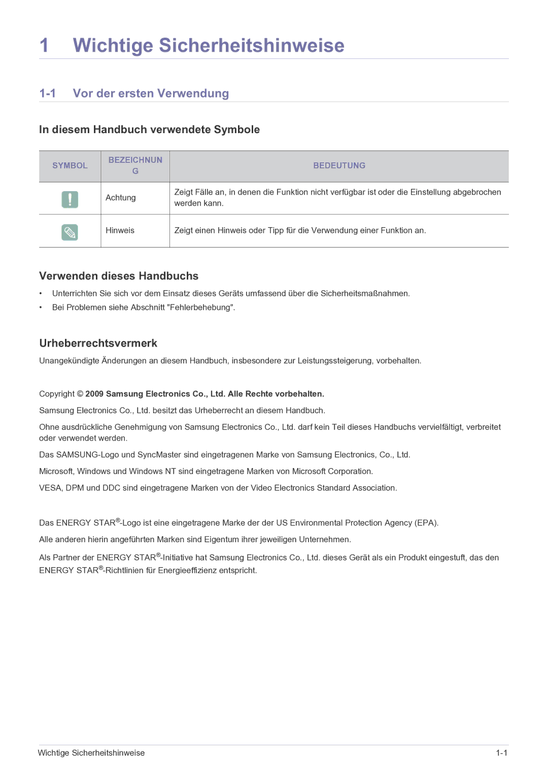 Samsung LS23EFPKFV/EN manual Wichtige Sicherheitshinweise, Vor der ersten Verwendung, Diesem Handbuch verwendete Symbole 