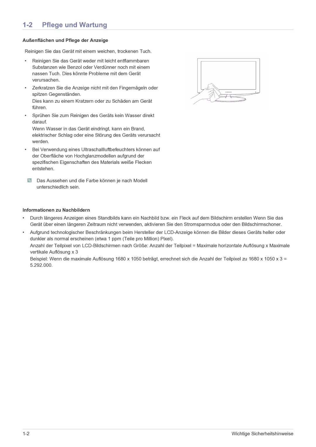 Samsung LS23EFPKFV/EN manual Pflege und Wartung, Außenflächen und Pflege der Anzeige, Informationen zu Nachbildern 