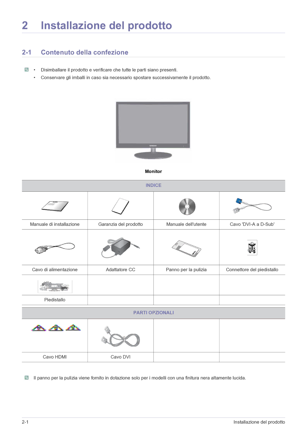 Samsung LS23EFPKFV/EN manual Installazione del prodotto, Contenuto della confezione, Indice, Parti Opzionali 