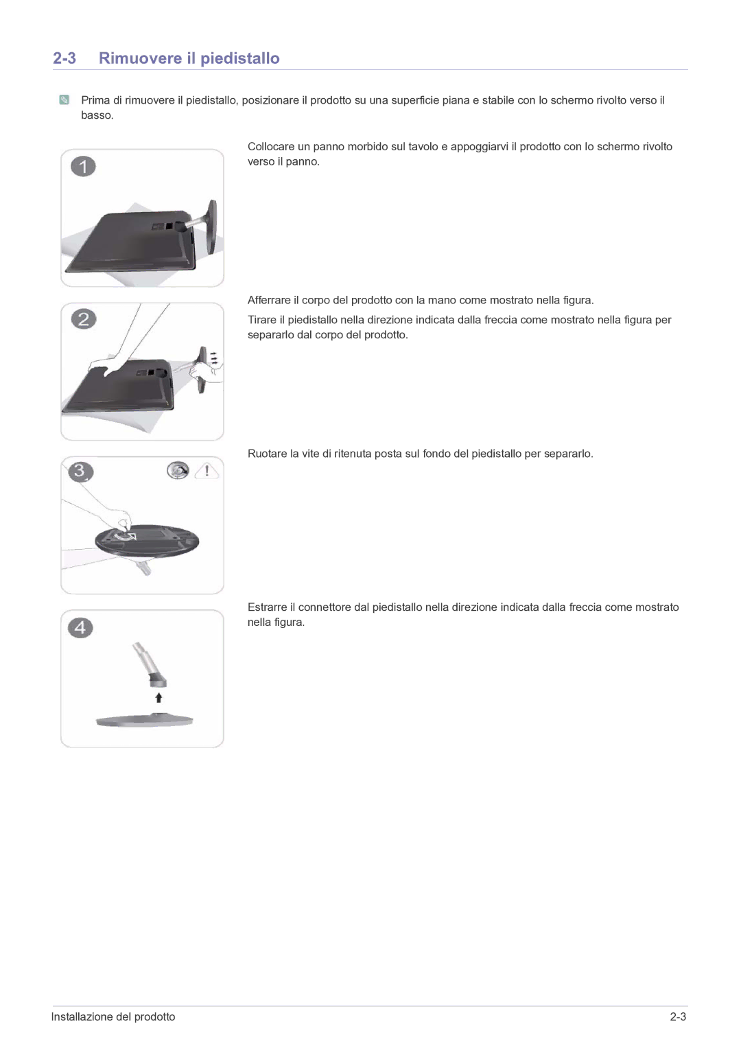 Samsung LS23EFPKFV/EN manual Rimuovere il piedistallo 