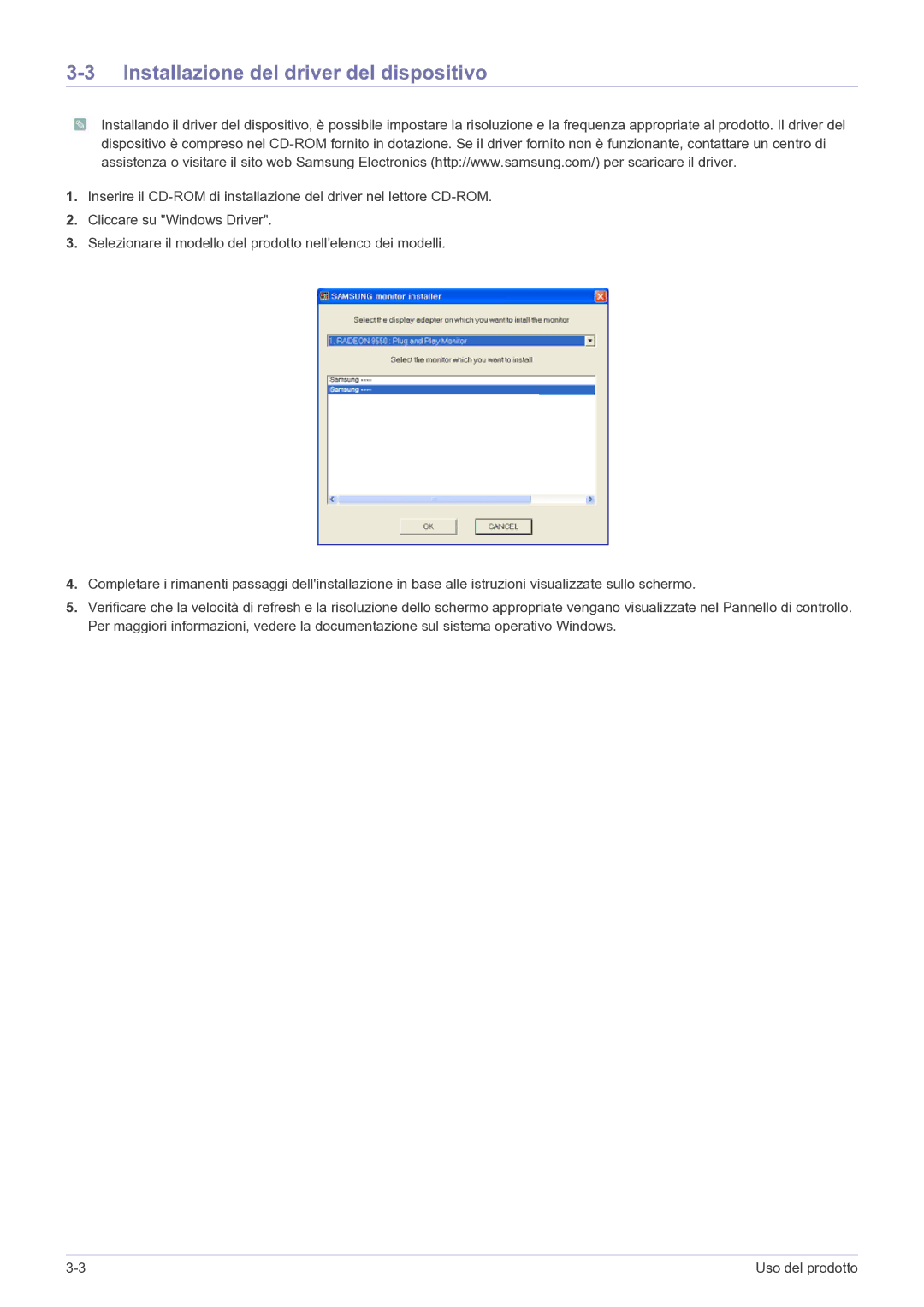 Samsung LS23EFPKFV/EN manual Installazione del driver del dispositivo 