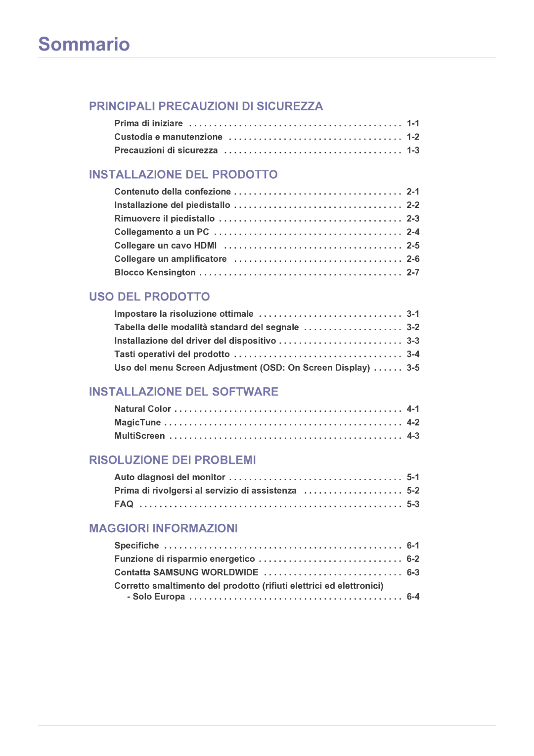 Samsung LS23EFPKFV/EN manual Sommario, Installazione DEL Prodotto 