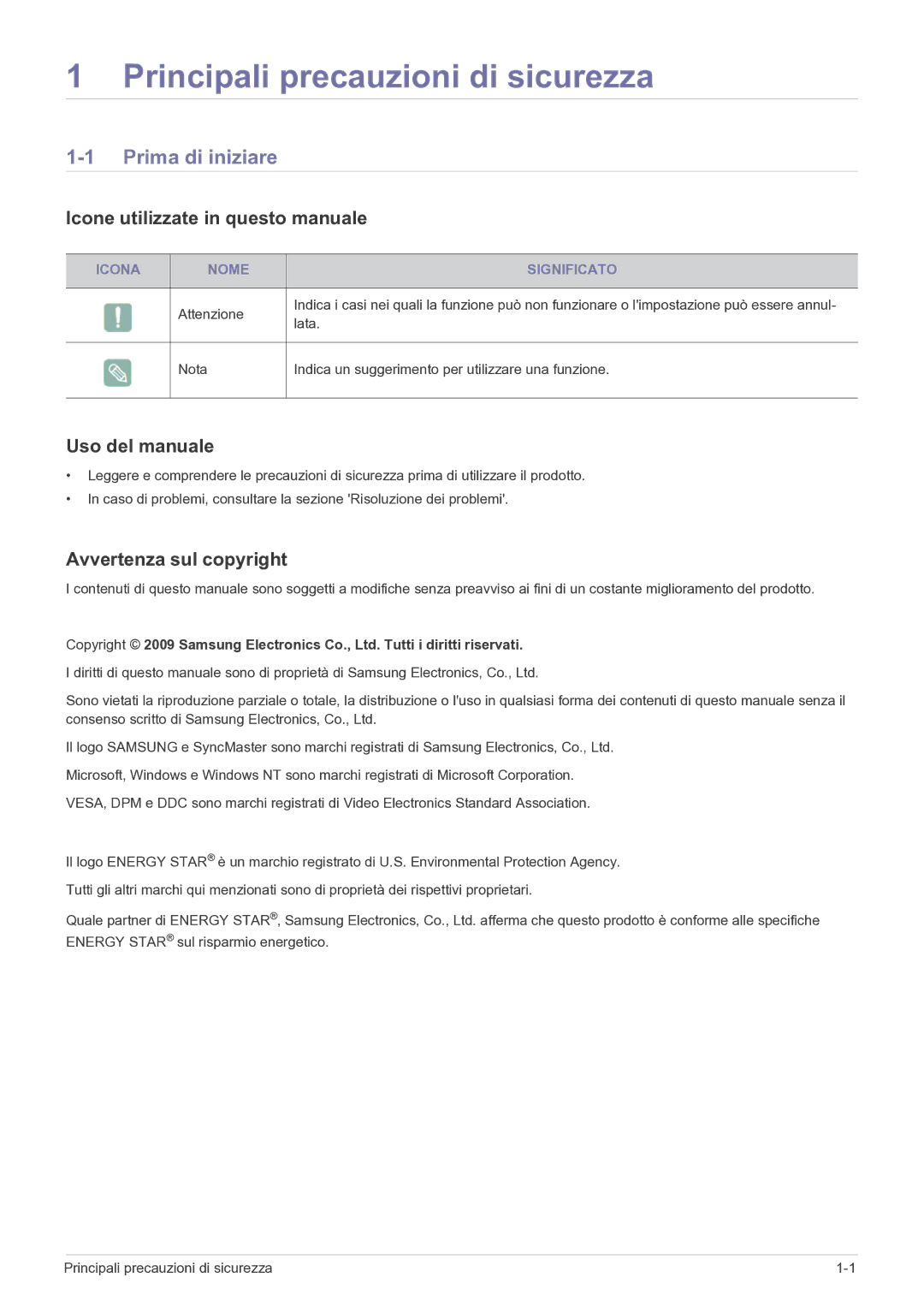 Samsung LS23EFPKFV/EN Principali precauzioni di sicurezza, Prima di iniziare, Icone utilizzate in questo manuale 