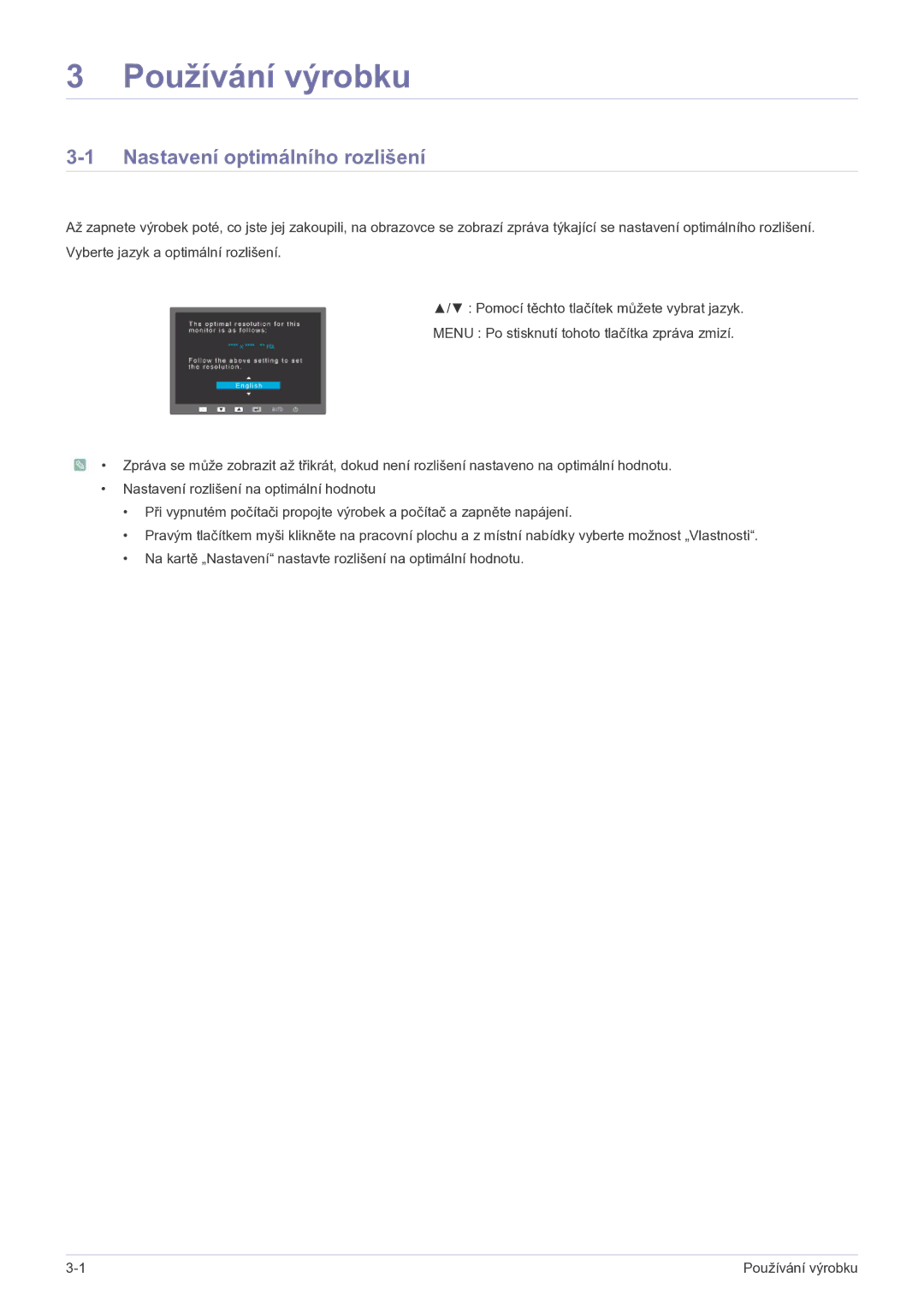 Samsung LS23EFPKFV/EN manual Používání výrobku, Nastavení optimálního rozlišení 