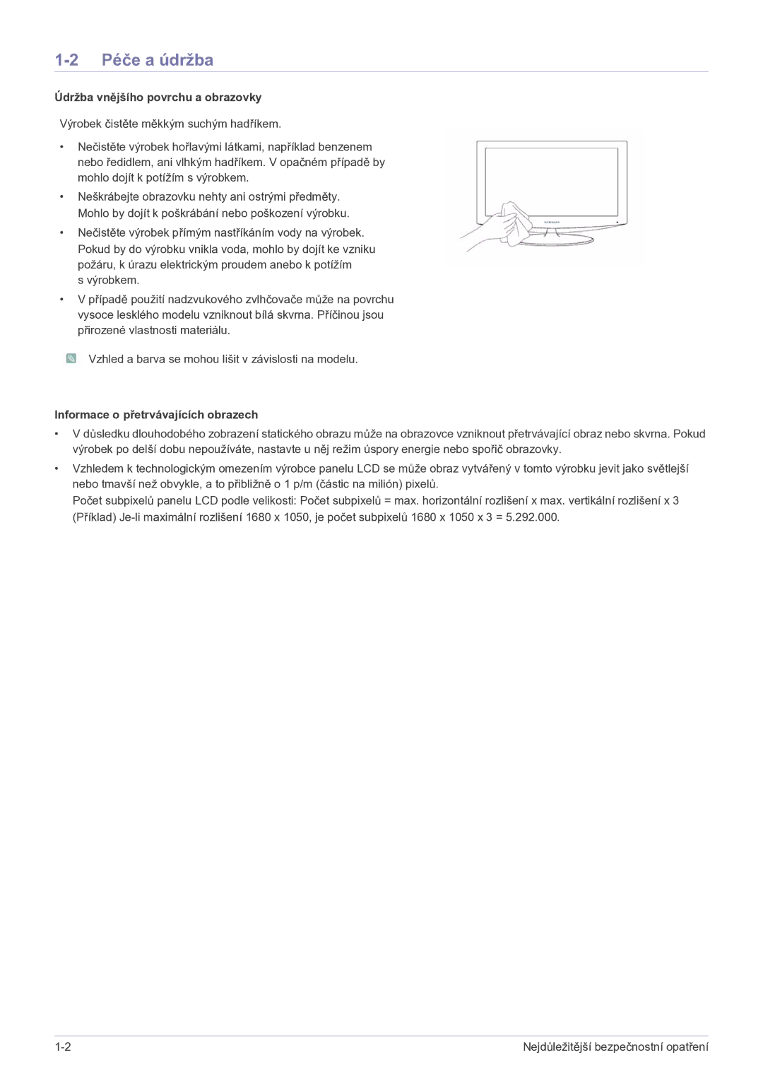 Samsung LS23EFPKFV/EN manual Péče a údržba, Údržba vnějšího povrchu a obrazovky, Informace o přetrvávajících obrazech 