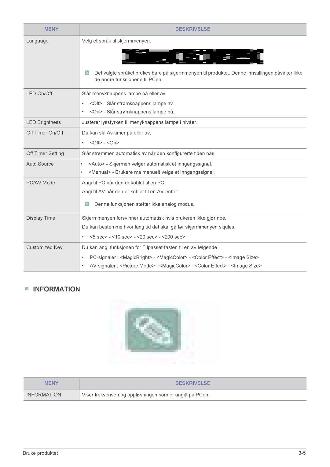 Samsung LS23EFPKFV/EN manual Language Velg et språk til skjermmenyen, De andre funksjonene til PCen 