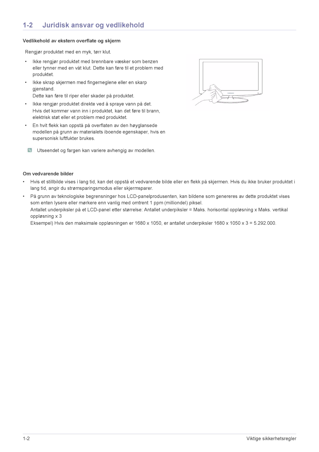 Samsung LS23EFPKFV/EN Juridisk ansvar og vedlikehold, Vedlikehold av ekstern overflate og skjerm, Om vedvarende bilder 