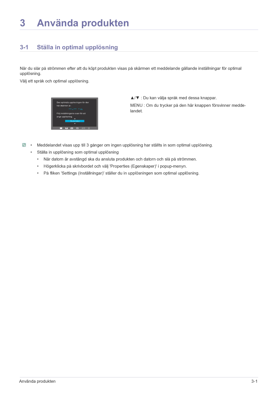 Samsung LS23EFPKFV/EN manual Använda produkten, Ställa in optimal upplösning 