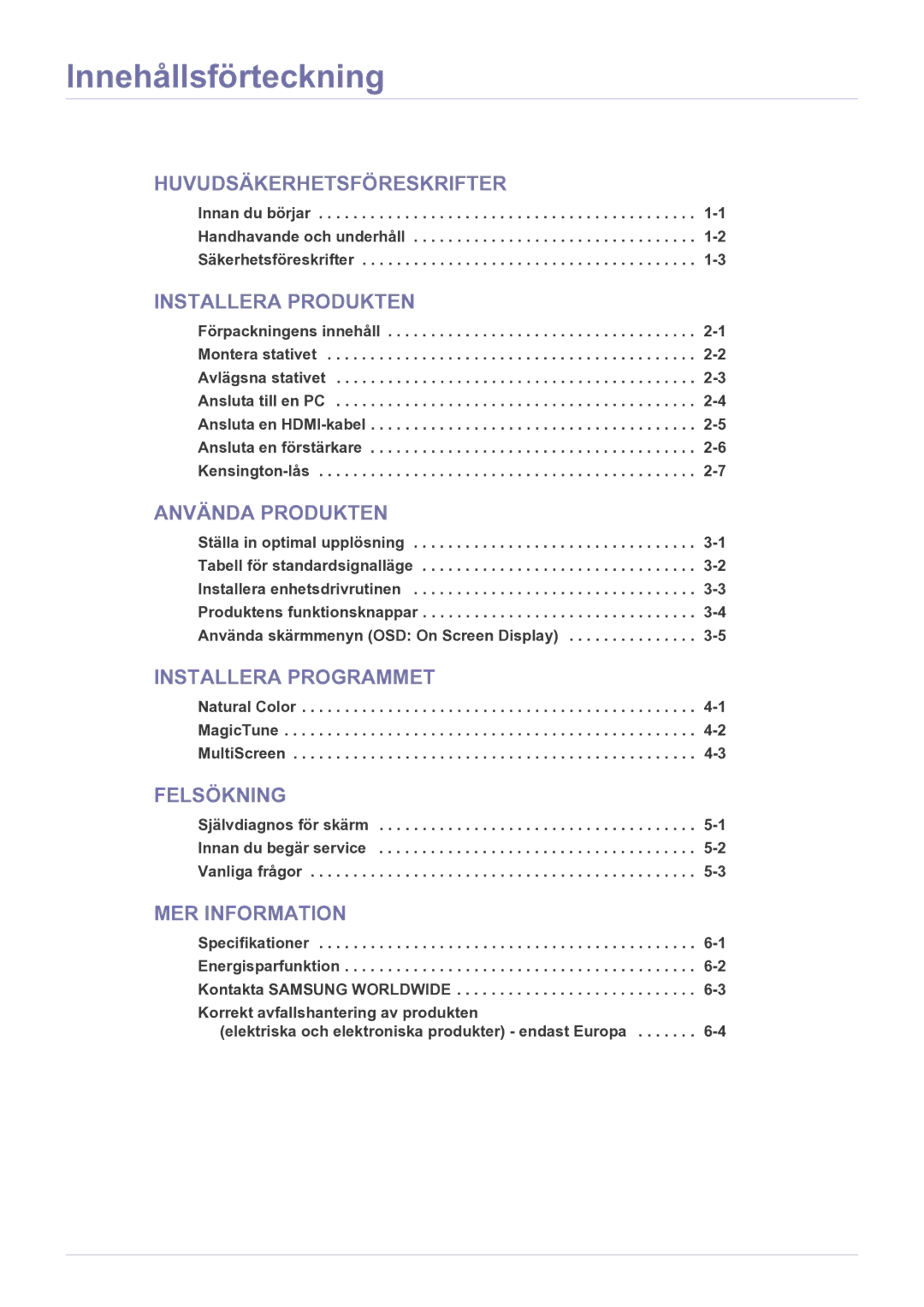 Samsung LS23EFPKFV/EN manual Innehållsförteckning, Installera Produkten 