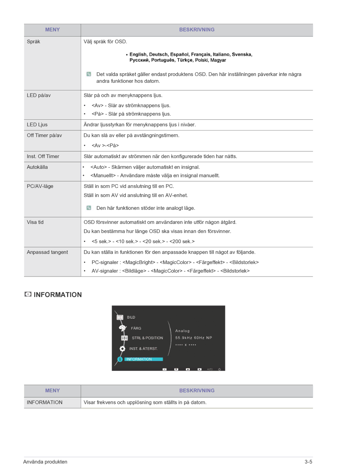 Samsung LS23EFPKFV/EN manual Språk Välj språk för OSD, Visar frekvens och upplösning som ställts in på datorn 