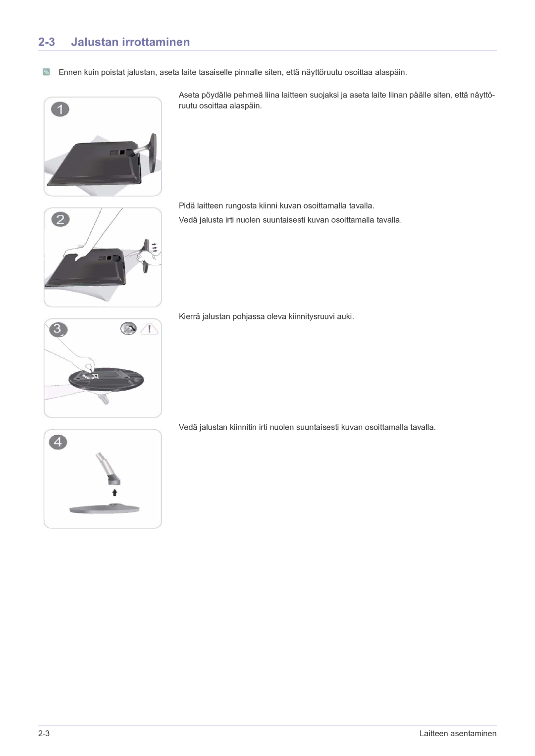 Samsung LS23EFPKFV/EN manual Jalustan irrottaminen 