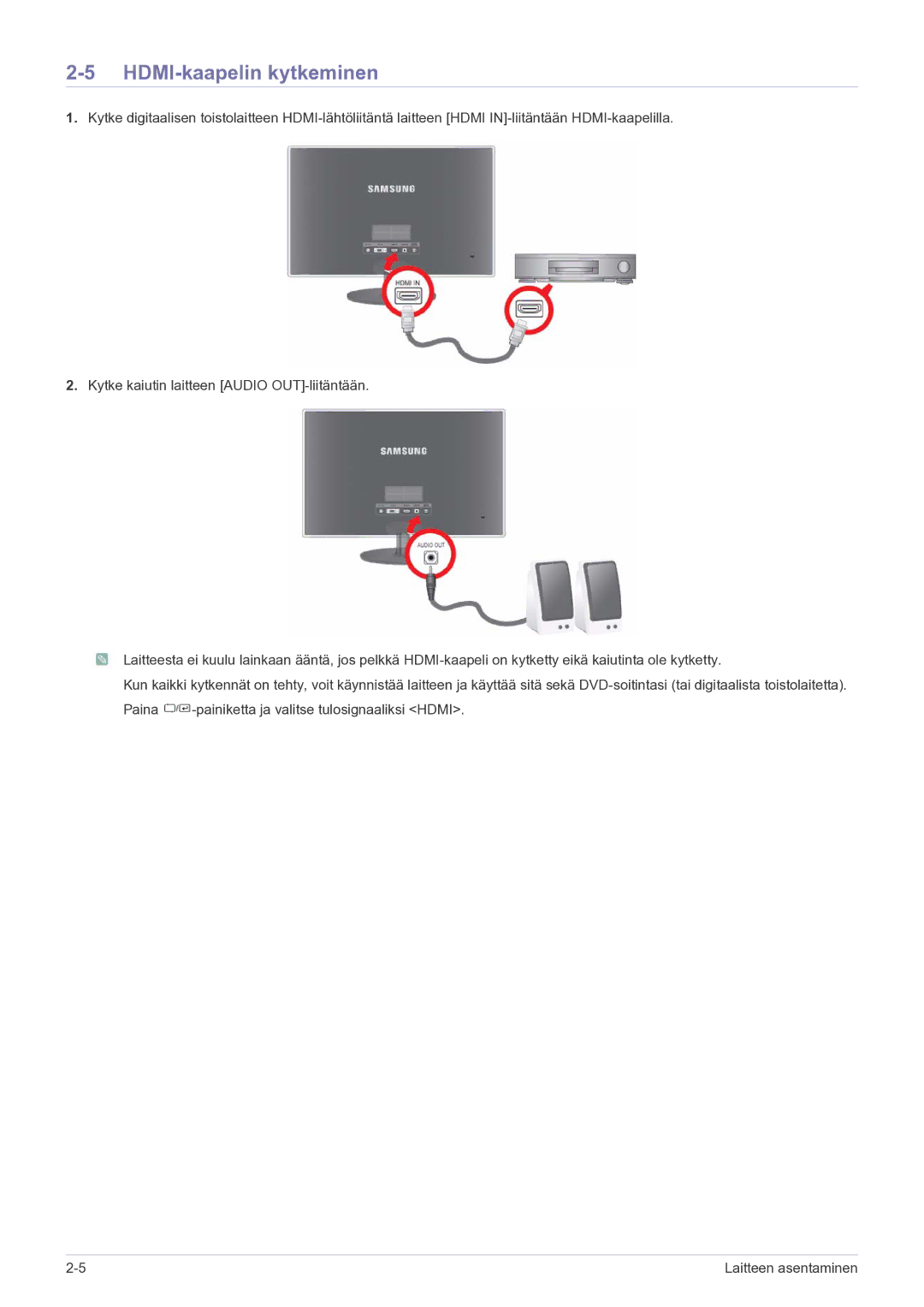 Samsung LS23EFPKFV/EN manual HDMI-kaapelin kytkeminen 