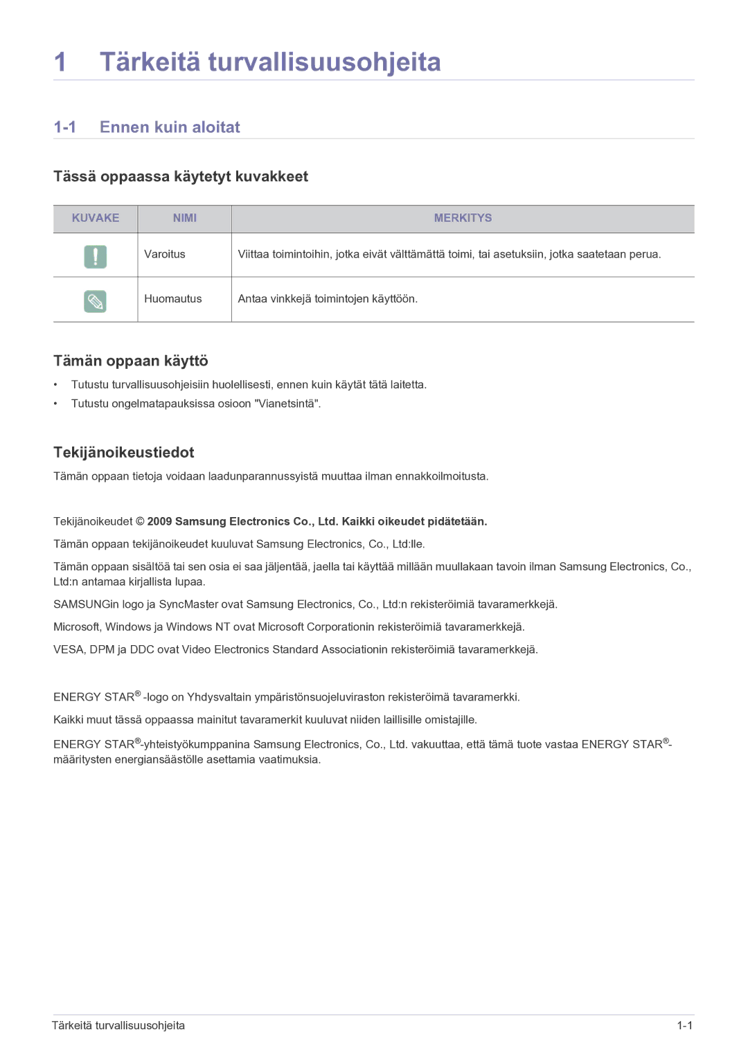 Samsung LS23EFPKFV/EN manual Tärkeitä turvallisuusohjeita, Ennen kuin aloitat, Tässä oppaassa käytetyt kuvakkeet 